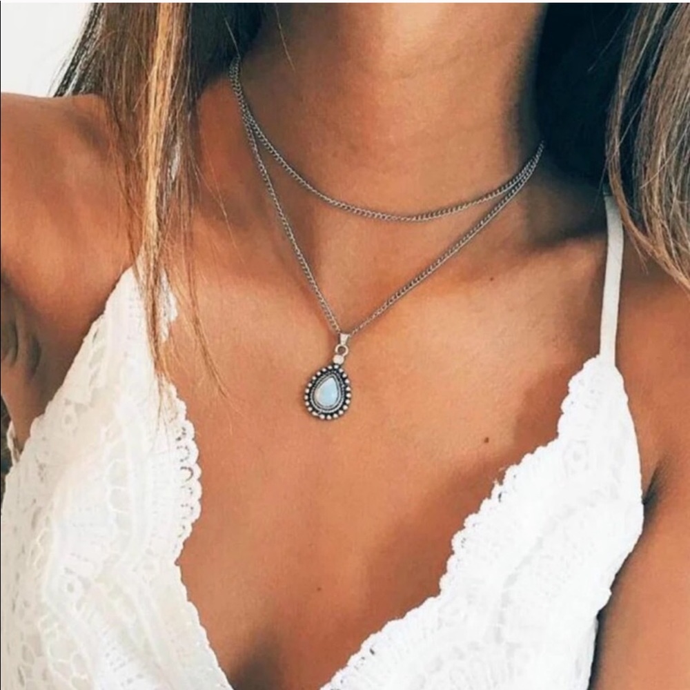 Antique Silver Retro Dip Pendant Layered Necklace